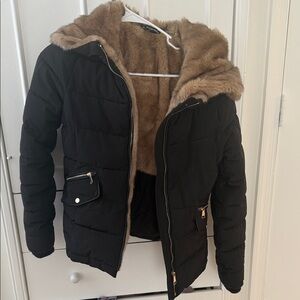 Zara Black Puffer Jacket with Tan Lining